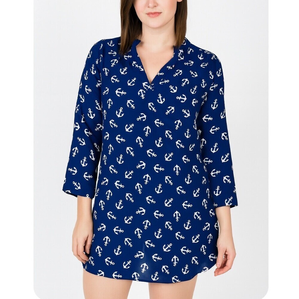 Liberty Love blouse Sz Large Petite Nautical Anchors Navy Blue Sleeveless anchor